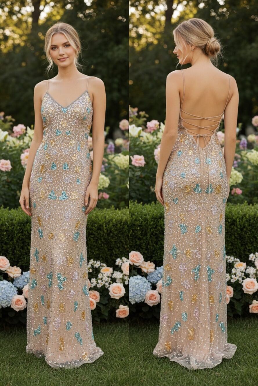Mac Duggal Sequin Beaded Floral Dress Wedding Guest Formal Evening